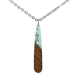 Light Blue Gold Leaf Long Teardrop Wood Resin Necklace
