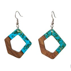 Blue Gold Leaf Resin Wood Hollow Irregular Diamond Earrings