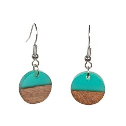 Transparent Turquoise Blue Resin Wood Round Circle Earrings