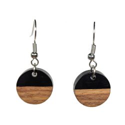Steel Black Resin Wood Round Circle Earrings