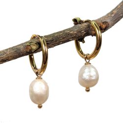 18K Gold Plated Stainless Steel Huggie Hoop White Freshwater Pearl Earrings