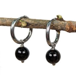 18K Real Gold Plated Stainless Steel Huggie Hoop Black Obsidian 8mm Gemstone Earrings