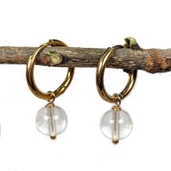 18K Real Gold Plated Stainless Steel Huggie Hoop Clear Quartz 8mm Gemstone Earrings