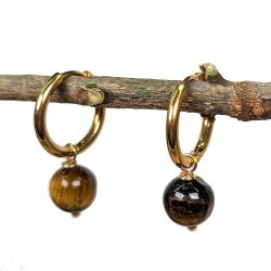 18K Real Gold Plated Stainless Steel Huggie Hoop Tiger’s Eye 8mm Gemstone Earrings