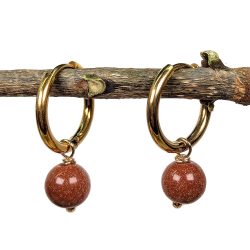 18K Real Gold Plated Stainless Steel Huggie Hoop Goldstone 8mm Gemstone Earrings