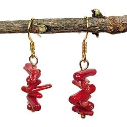 Stainless Steel Red Coral Gemstone Chunks Earrings