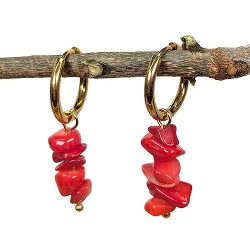 18K Real Gold Plated Stainless Steel Huggie Hoop Red Coral Gemstone Chips Earrings