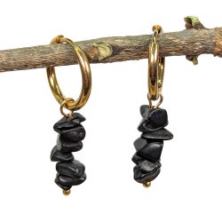 18K Real Gold Plated Stainless Steel Huggie Hoop Black Obsidian Gemstone Chips Earrings