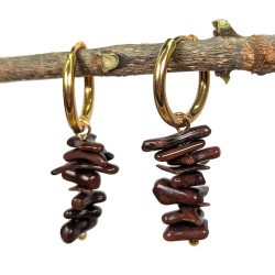18K Real Gold Plated Stainless Steel Huggie Hoop Brown Coral Gemstone Chunks Earrings
