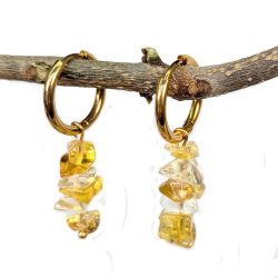 18K Real Gold Plated Stainless Steel Huggie Hoop Yellow Citrine Gemstone Chips Earrings
