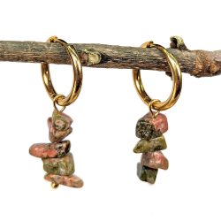 18K Real Gold Plated Stainless Steel Huggie Hoop Unakite Gemstone Chips Earrings