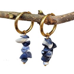 18K Real Gold Plated Stainless Steel Huggie Hoop Blue Sodalite Gemstone Chips Earrings