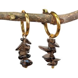 18K Real Gold Plated Stainless Steel Huggie Hoop Smoky Quartz Gemstone Chips Earrings