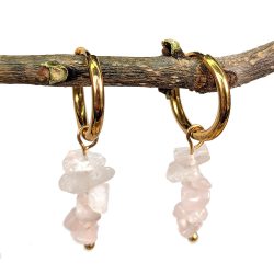 18K Real Gold Plated Stainless Steel Huggie Hoop Rose Quartz Gemstone Chips Earrings