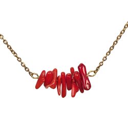 Stainless Steel Red Coral Gemstone Chunks Necklace