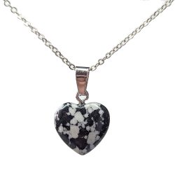 Black White Snowflake Obsidian Gemstone Heart Necklace Silver