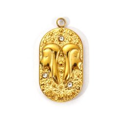 18K Real Gold Plated Gemini Zodiac Cubic Zirconia Stainless Steel Charm