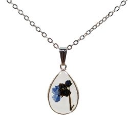 Teardrop Blue Green Real Dried Flowers Resin Silver Necklace