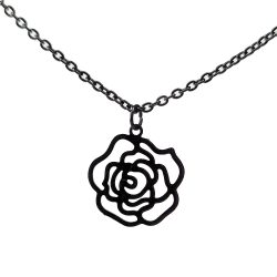 Black Hollow Lightweight Filigree Rose Flower Pendant Necklace