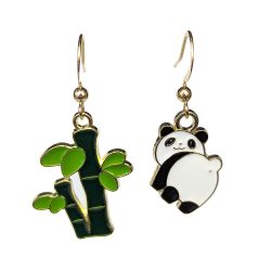 Panda and Bamboo Enamel Charm Earrings Gold