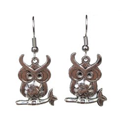 Antique Silver Big Eyes Owl on a Branch Earrings