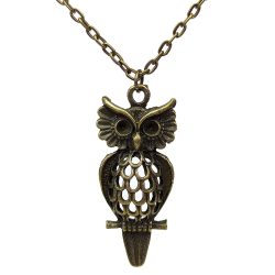 Large Hollow Owl With Feathers Antique Bronze Necklace