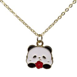 Panda Holding Red Flower Enamel Charm Necklace Gold