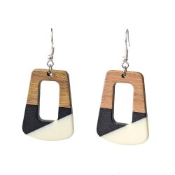 Black White Wide Hollow Teardrop Wood Resin Earrings