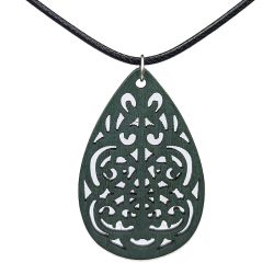 Large Decorative Teardrop Wood Pendant Green Necklace