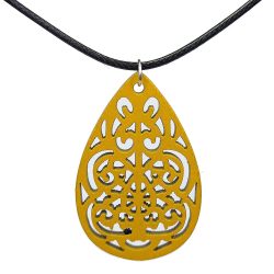 Large Decorative Teardrop Wood Pendant Yellow Necklace