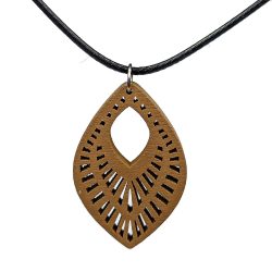 Large Decorative Diamond Wood Pendant Brown Necklace