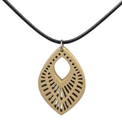 Large Decorative Diamond Wood Pendant Beige Necklace