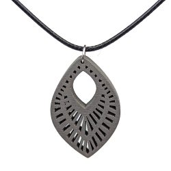 Large Decorative Diamond Wood Pendant Grey Necklace