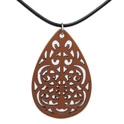 Large Decorative Teardrop Wood Pendant Brown Necklace