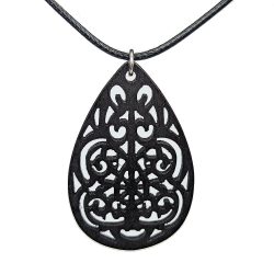 Large Decorative Teardrop Wood Pendant Black Necklace