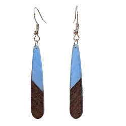 Blue Marble Long Teardrop Wood Resin Earrings