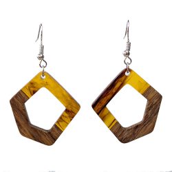 Brown Marble Resin Wood Hollow Irregular Diamond Earrings