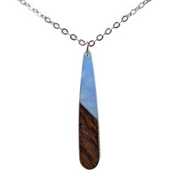 Blue Marble Long Teardrop Wood Resin Necklace