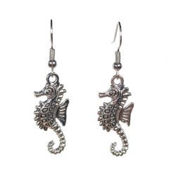 Antique Silver Detailed Seahorse Charm Earrings