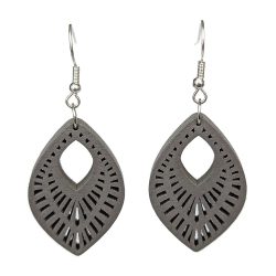 Large Decorative Diamond Wood Pendant Grey Earrings