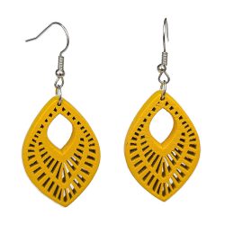 Large Decorative Diamond Wood Pendant Yellow Earrings