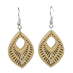 Large Decorative Diamond Wood Pendant Beige Earrings