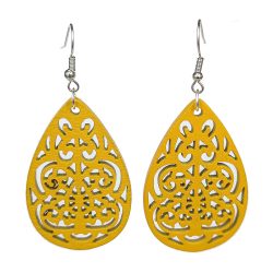 Large Decorative Teardrop Wood Pendant Yellow Earrings