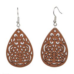 Large Decorative Teardrop Wood Pendant Brown Earrings