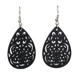 Large Decorative Teardrop Wood Pendant Black Earrings