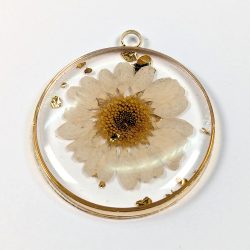 Round Real White Daisy Flower Gold Leaf Resin Pendant Gold