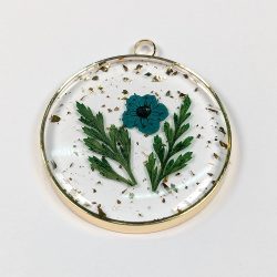 Round Real Blue Flower Fern Gold Leaf Resin Pendant Gold