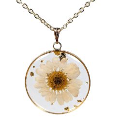 Round Real White Daisy Flower Gold Leaf Resin Necklace