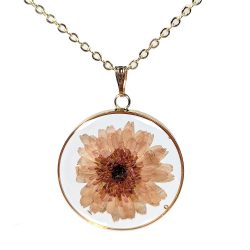 Round Real Peach Daisy Flower Gold Leaf Resin Necklace