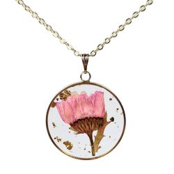Round Real Pink Flower Gold Leaf Resin Pendant Necklace